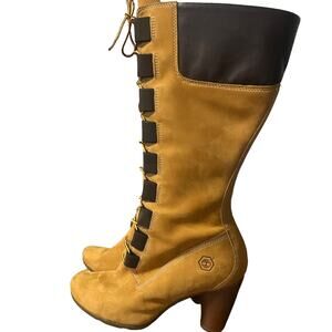Timberland Leather High Heel Tall Lace Up Side Zip Mid Calf Boots Size 10M